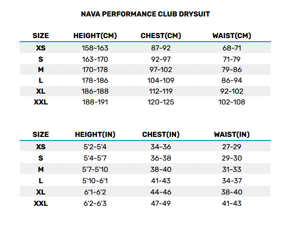 Size Chart for Club Front Zip Drysuit - Black